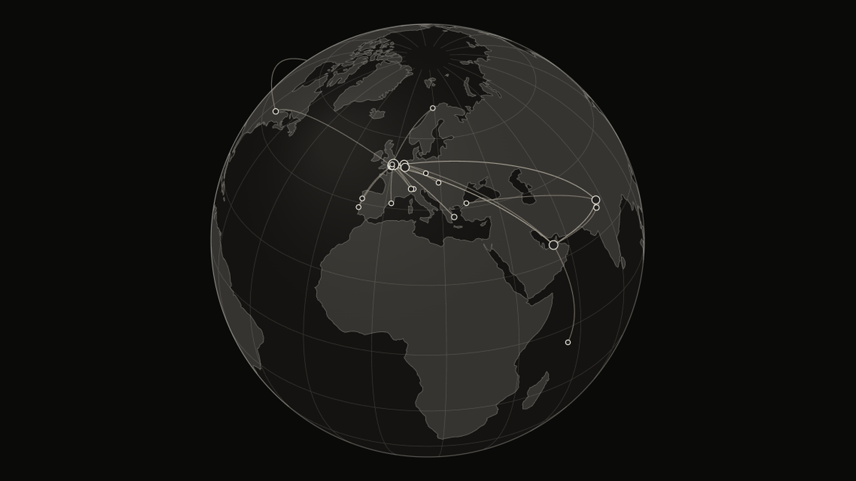 Interactive globe with flight paths traced between airports